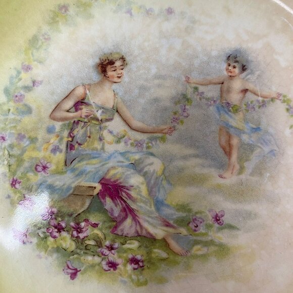 Antique French Porcelain Bowl With Cherub & Lady Design 10 Diameter Collectible - Picture 1 of 10